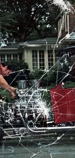 Vintage hot rod scene with classic red car and suburban backdrop.