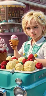 Child with ice cream in a vintage car, surrounded by pastel colors and desserts.