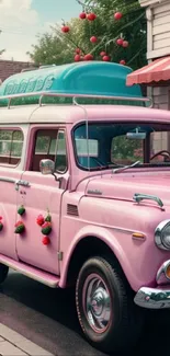 Vintage ice cream truck in pastel colors on a sunny street.