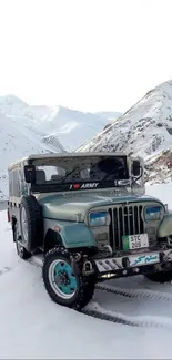 A vintage Jeep on a snowy mountain pass, surrounded by scenic white landscapes.