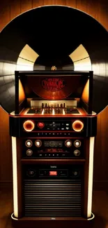 Vintage jukebox with vinyl record wall art in warm brown tones.