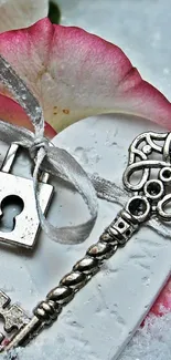 Vintage key and lock on heart with pink petals.