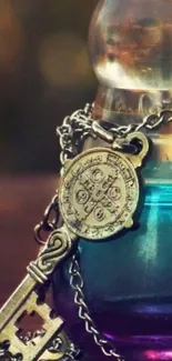 Vintage key on chain with colorful perfume bottle.