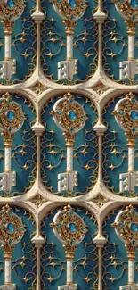 Ornate vintage key pattern in turquoise and gold hues.