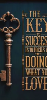 Vintage key with motivational quote on dark teal background.