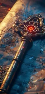 A vintage golden key lies on an ancient map with a mystical red glow.