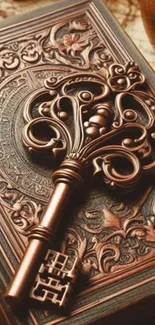 Vintage key on an ornate book cover with intricate details.