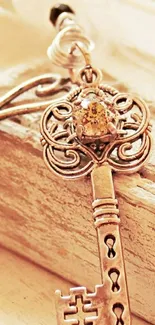 Vintage ornate key resting on a rustic book in warm tones.