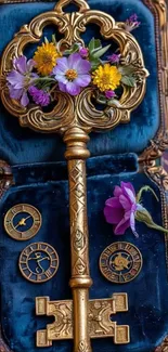 Vintage key with flowers on blue velvet