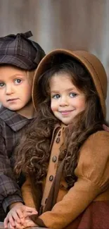 Vintage-style portrait of two children in retro clothing.