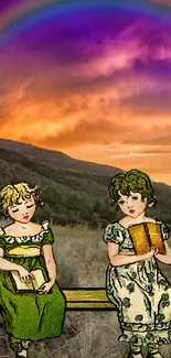 Illustration of two children under a vivid rainbow and sunset sky.