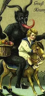 Vintage Krampus illustration with a child on horseback.