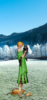 Vintage lady in green dress holding a black cat in a scenic winter landscape.