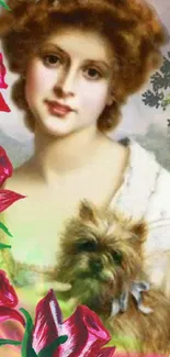 Vintage lady with dog amidst flowers in a classic portrait style.