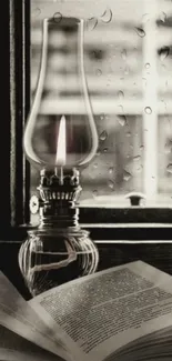 Vintage oil lamp with open book by rainy window.