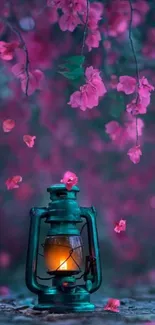 Enchanting vintage lantern surrounded by pink blossoms at night.