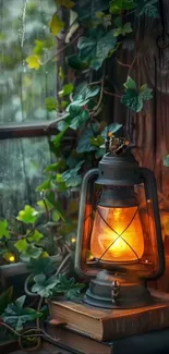 Vintage lantern by window with glowing light and green vines.