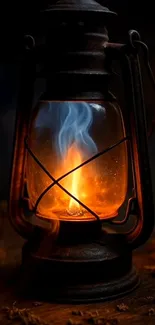 Vintage lantern glowing with fire in the dark.