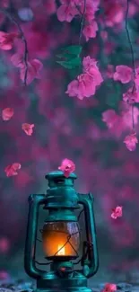 Vintage lantern amidst pink flowers emanates warm glow.