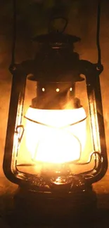 Vintage lantern glowing in misty golden light, creating a rustic ambiance.