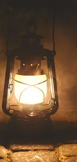 A glowing vintage lantern on a cobblestone path, creating a warm ambiance.