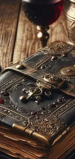 Intricate vintage leather book on a wooden table with ornate design.