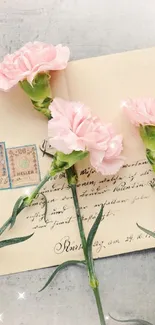 Vintage letter with pink carnations on textured background.