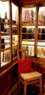 Cozy vintage library corner with red cushion.