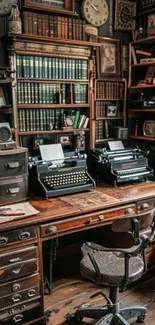 Vintage library room with typewriters and books on wooden shelves.