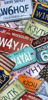 Vintage-style wallpaper with colorful license plates collage.