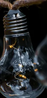 Close-up of a vintage light bulb glowing warmly against a dark background.