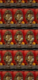 Repeating pattern of vintage light bulbs on red background.