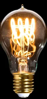 Vintage light bulb with glowing filaments on a black backdrop.