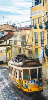 Vintage Lisbon tram in a colorful urban scene.