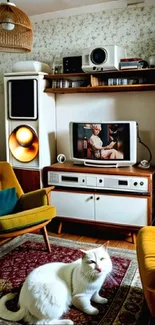 Vintage living room with retro TV and white cat.