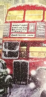 Vintage double-decker bus on a snowy London street during winter.