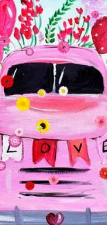 Vintage pink car with love theme in a floral backdrop.