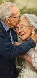 Elderly couple in loving embrace, vintage charm mobile wallpaper.