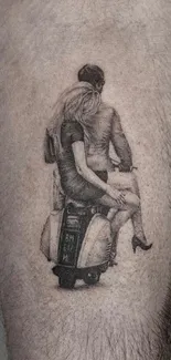 Black and white tattoo of a couple on a scooter, set against a skin background.