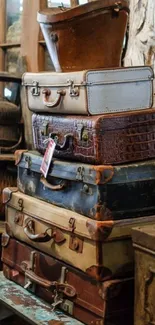 Stack of vintage suitcases in a rustic setting.