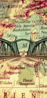 Vintage styled bridge over classic world map background for mobile wallpaper.