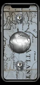 Vintage map wallpaper with globe and skulls on a smartphone screen.