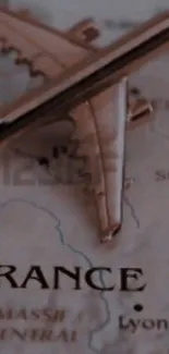 Vintage airplane model on France map background.