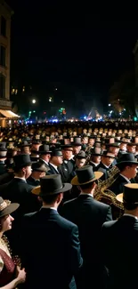 Vintage marching band in night city scene, festive atmosphere.