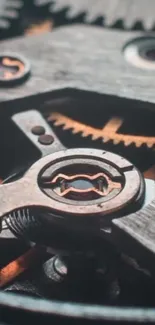 Close-up of vintage mechanical gears and cogs in metallic tones.