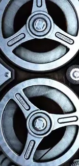 Vintage mechanical wheels with intricate design.