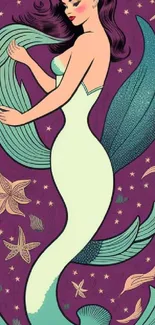 Elegant vintage mermaid on purple smart wallpaper.