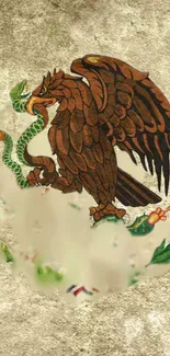 Vintage Mexican emblem with eagle and serpent on a beige background.