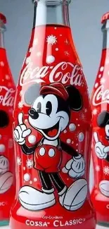 Mickey Mouse featured on red Coca-Cola bottles in a vintage style wallpaper.