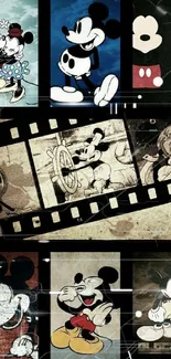 Vintage-style Mickey Mouse collage wallpaper for mobile with film strip design.